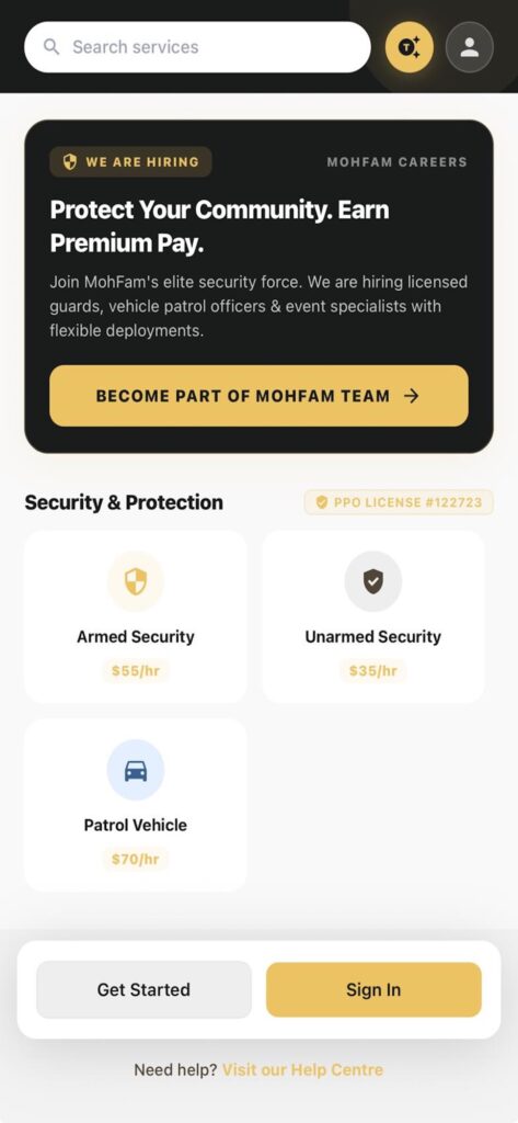 Actual MohFam app home screen, currently showing the security category and MohFam careers